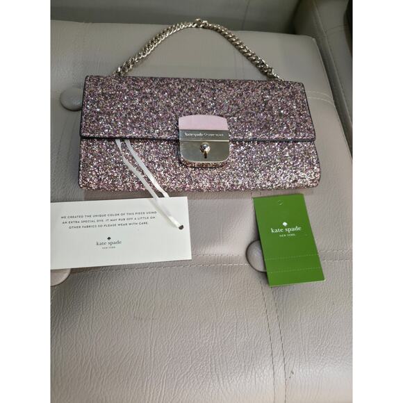 Nwt Kate Spade Rose Gold Pink Glitter Sunset Lane Milou Wallet Clutch Chain Bag - Picture 4 of 14